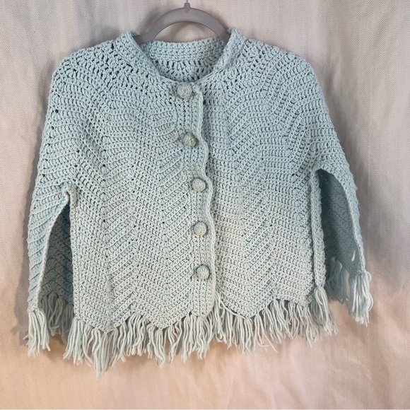 Unbranded Sweaters - Handcrafted Vintage Crocheted 1960’s Blue Poncho Cape Grannycore Boho Size Small